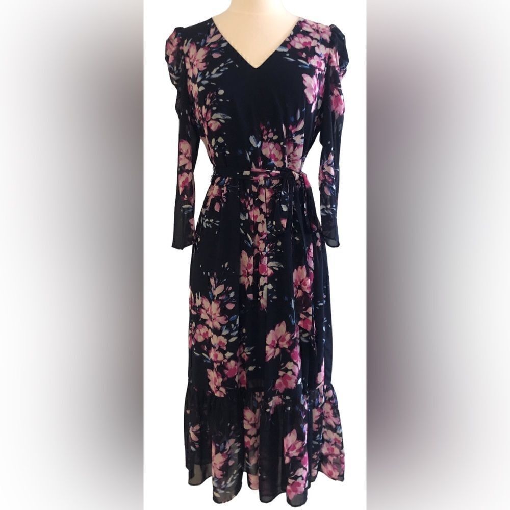 Eliza J Navy Midi Wrap Dress with Pink Floral Print